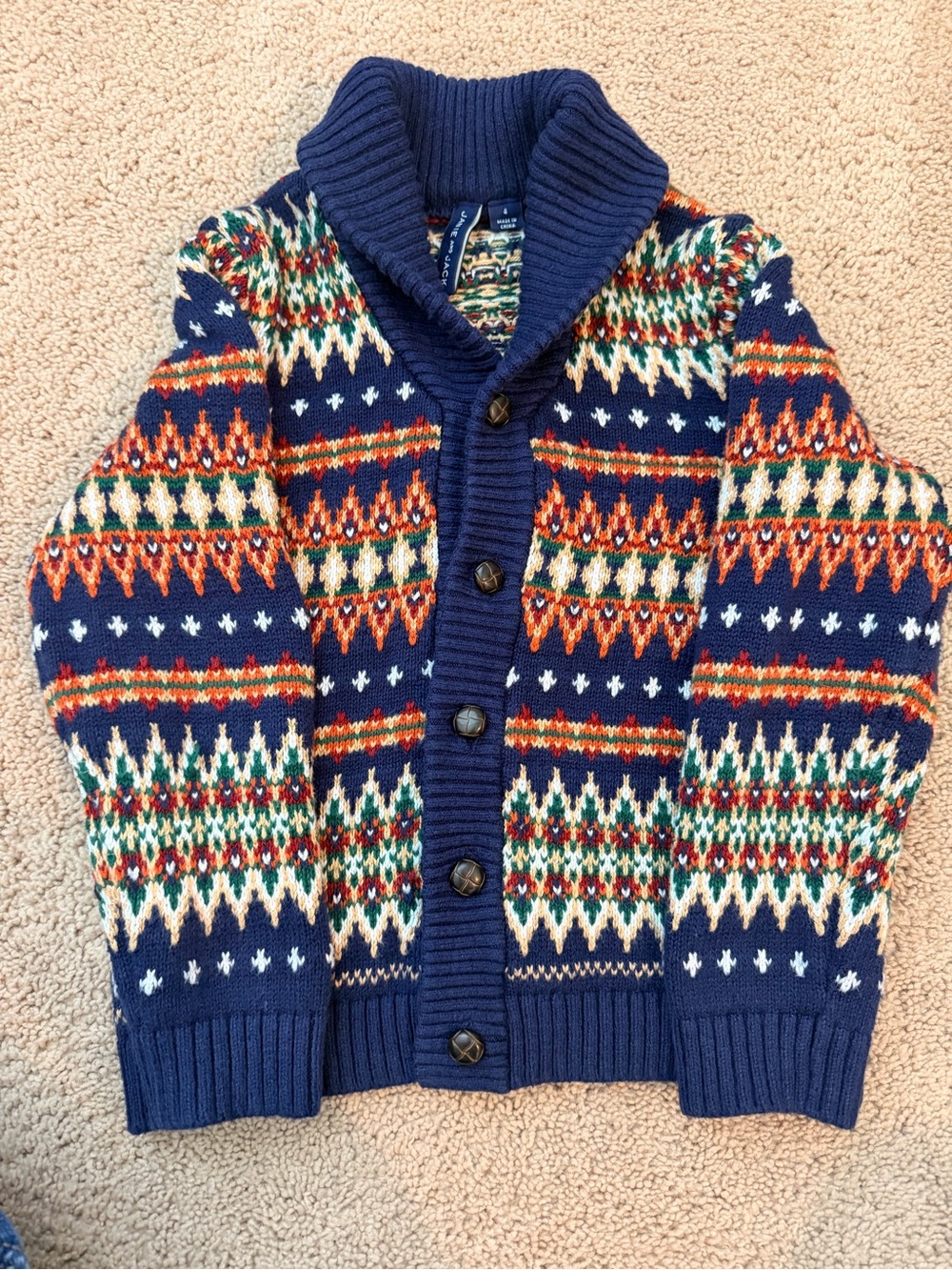 Jane and Jack Fair Isle Shawl Collar Cardigan Sweater Size 4 Navy Multicolor